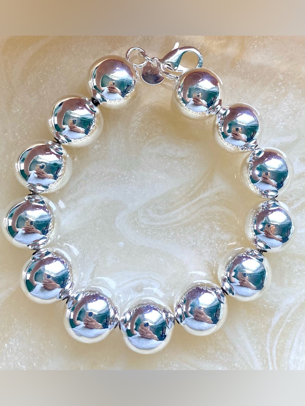 14mm Silver Polished Bead Bracelet - Silver